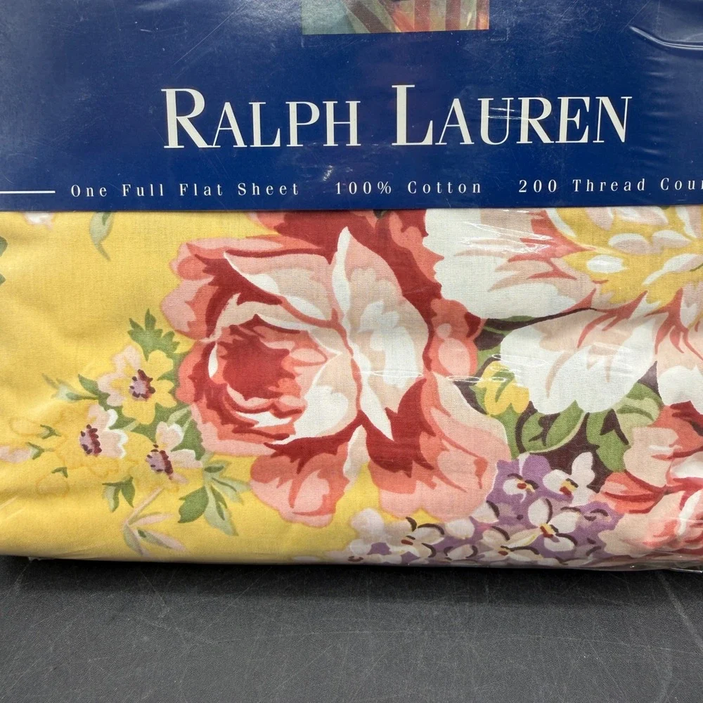 Vtg NIP NEW Ralph Lauren Brooke Floral Flat Sheet Full Yellow Cotton Cottage - Picture 2 of 6
